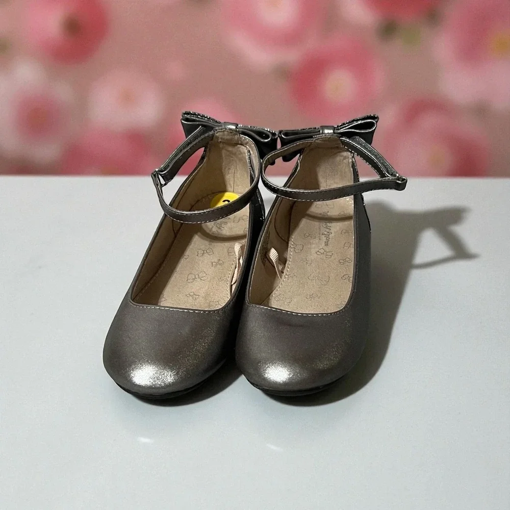 Girls Silver Glitter Bow Mary Jane Flats Shoes Kids Size 3 Ballet Dress‎ Shoes